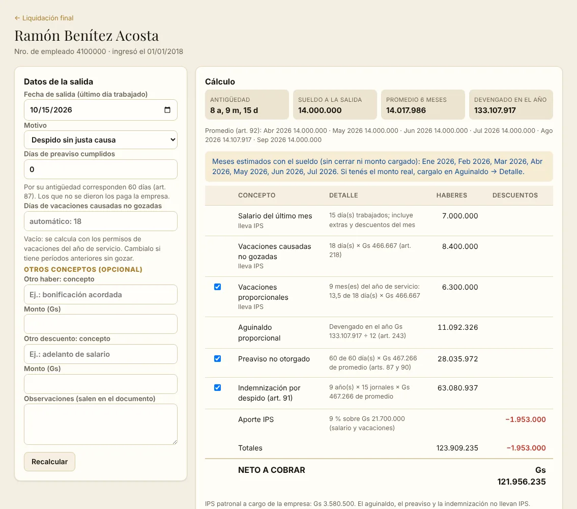 Cálculo de una liquidación final con preaviso, indemnización y vacaciones